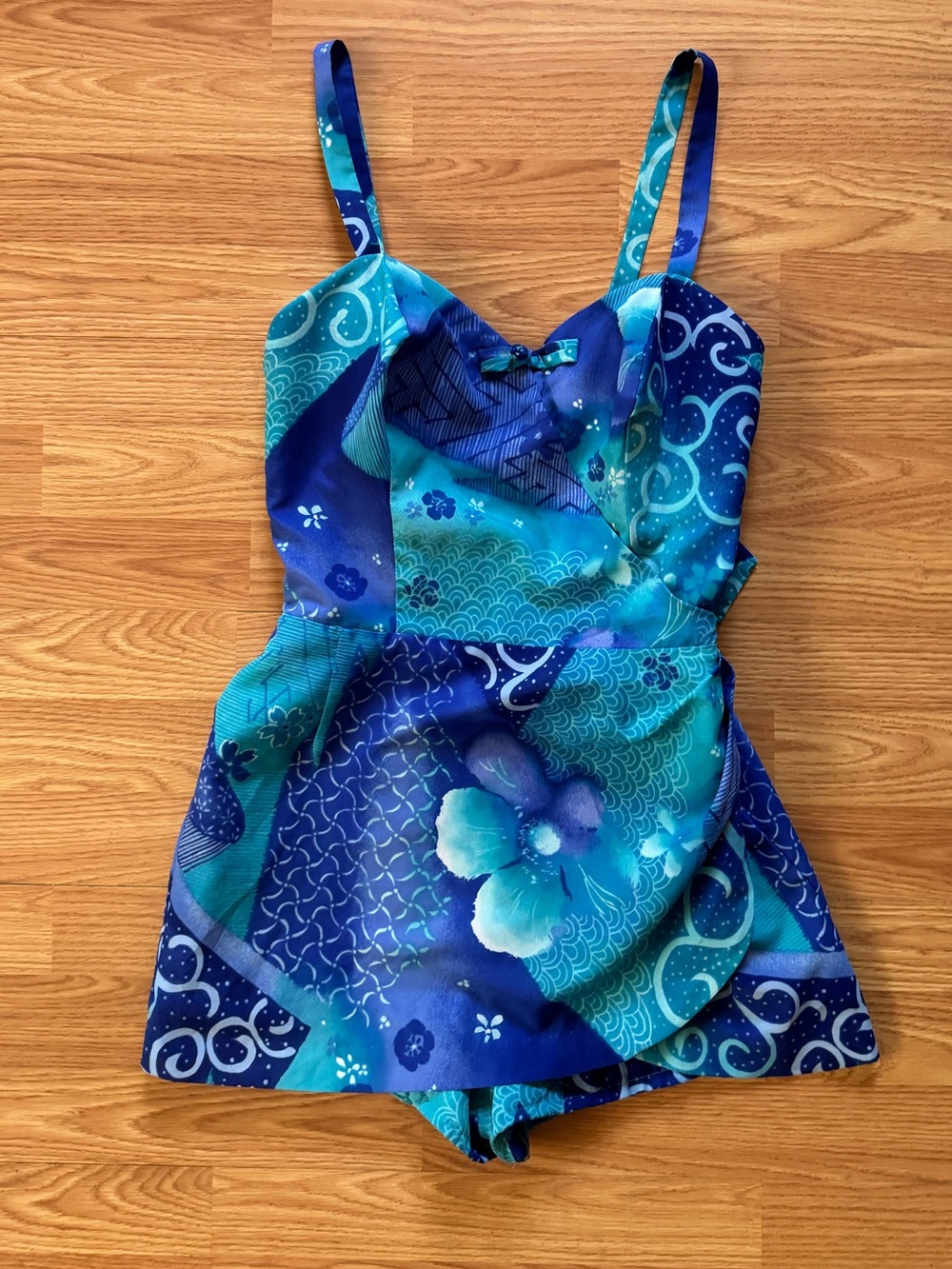 50s Paradise Hawaii Blue Floral PinUp Tiki Romper One Piece Bathing Suit Sz 12